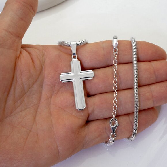 925 Sterling Silver Cross Necklace, Large Cross Pendant with Snake Chain ITALY - Picture 5 of 11
